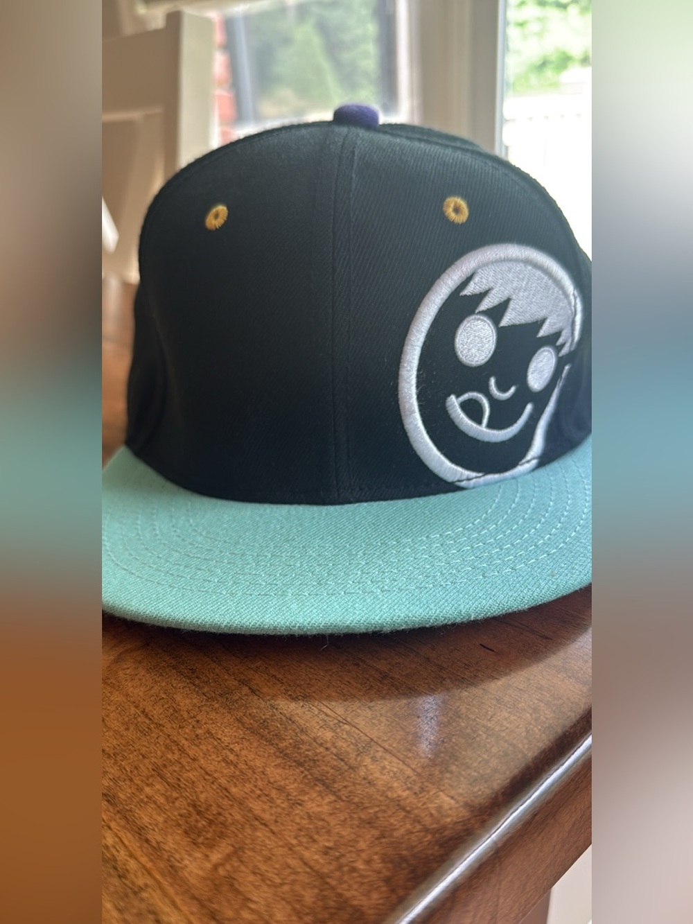 Neff Black Snapback Hat with Mint Brim and White Smiley Patch